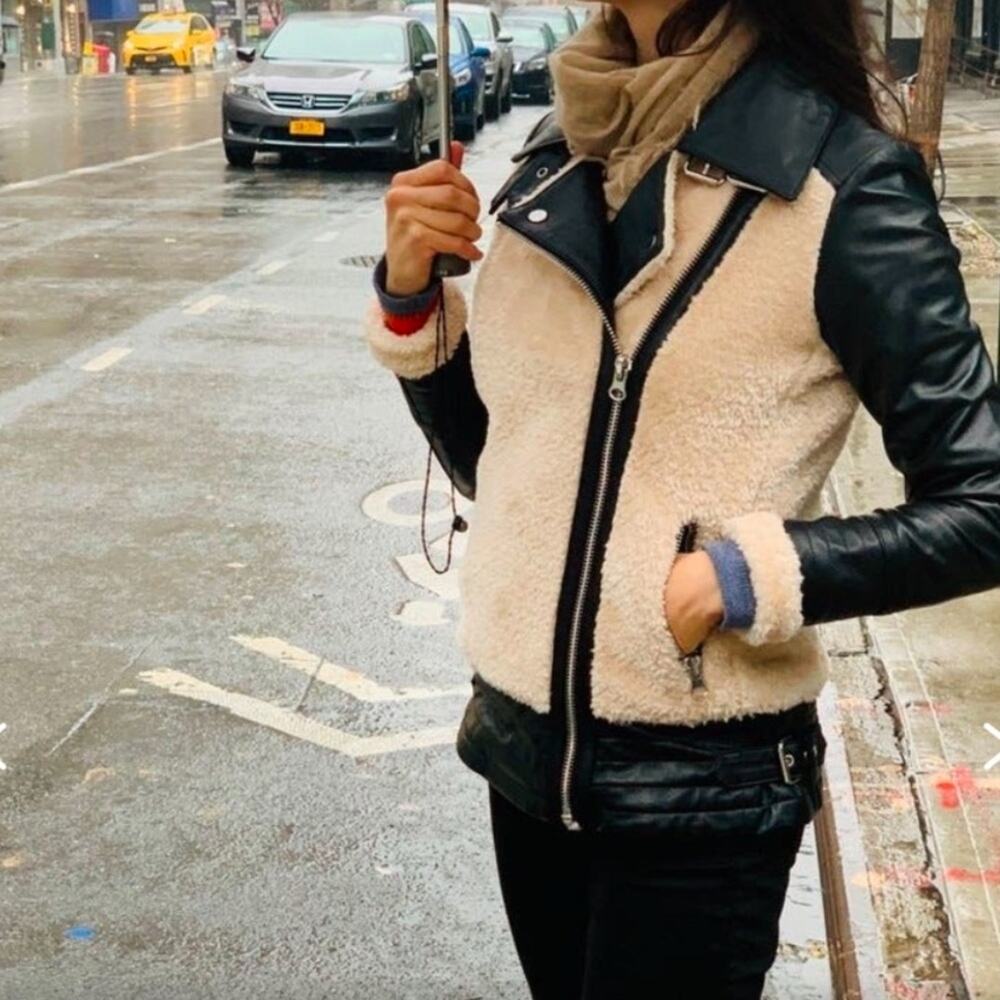 Slate and Willow Faux Sherpa Aviator‎ Jacket in Black and Ivory